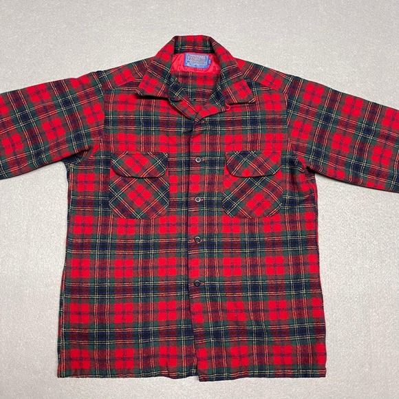 VTG Pendleton Board Shirt Men Large Tall Red Wool Tartan Flap Pocket Loop Collar